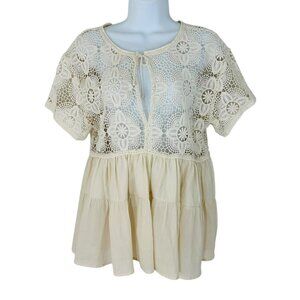 Altar'd State Women's Size S Floral Crochet Empire Bodice Tiered Ivory Blouse